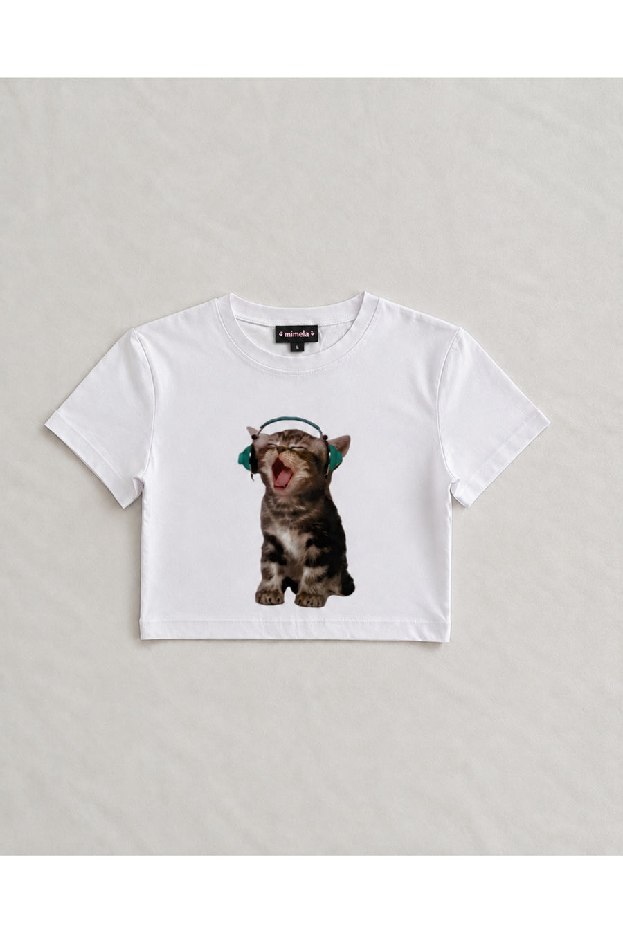 Kulaklıklı Kedi Baskılı Crop Tişört Beyaz
