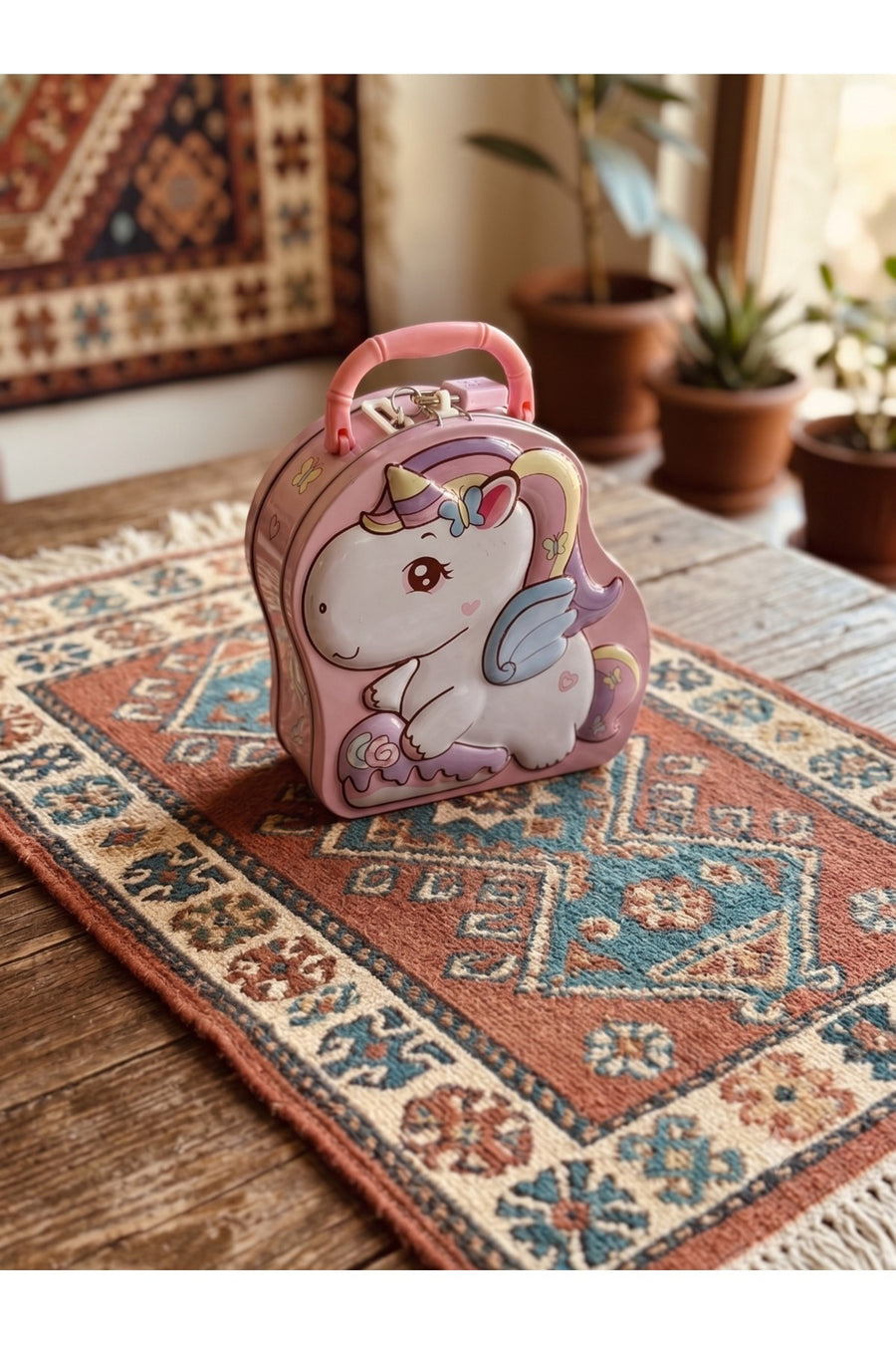 Unicorn Desenli Metal Mini Çanta Kumbara Taşıma Saplı Pembe