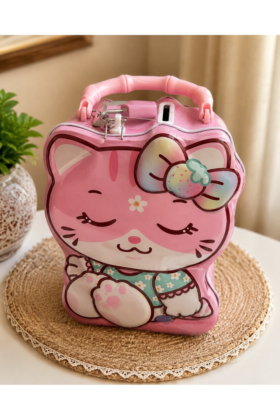 Sevimli Kedi Desenli Metal Mini Çanta Kumbara Taşıma Saplı Pembe