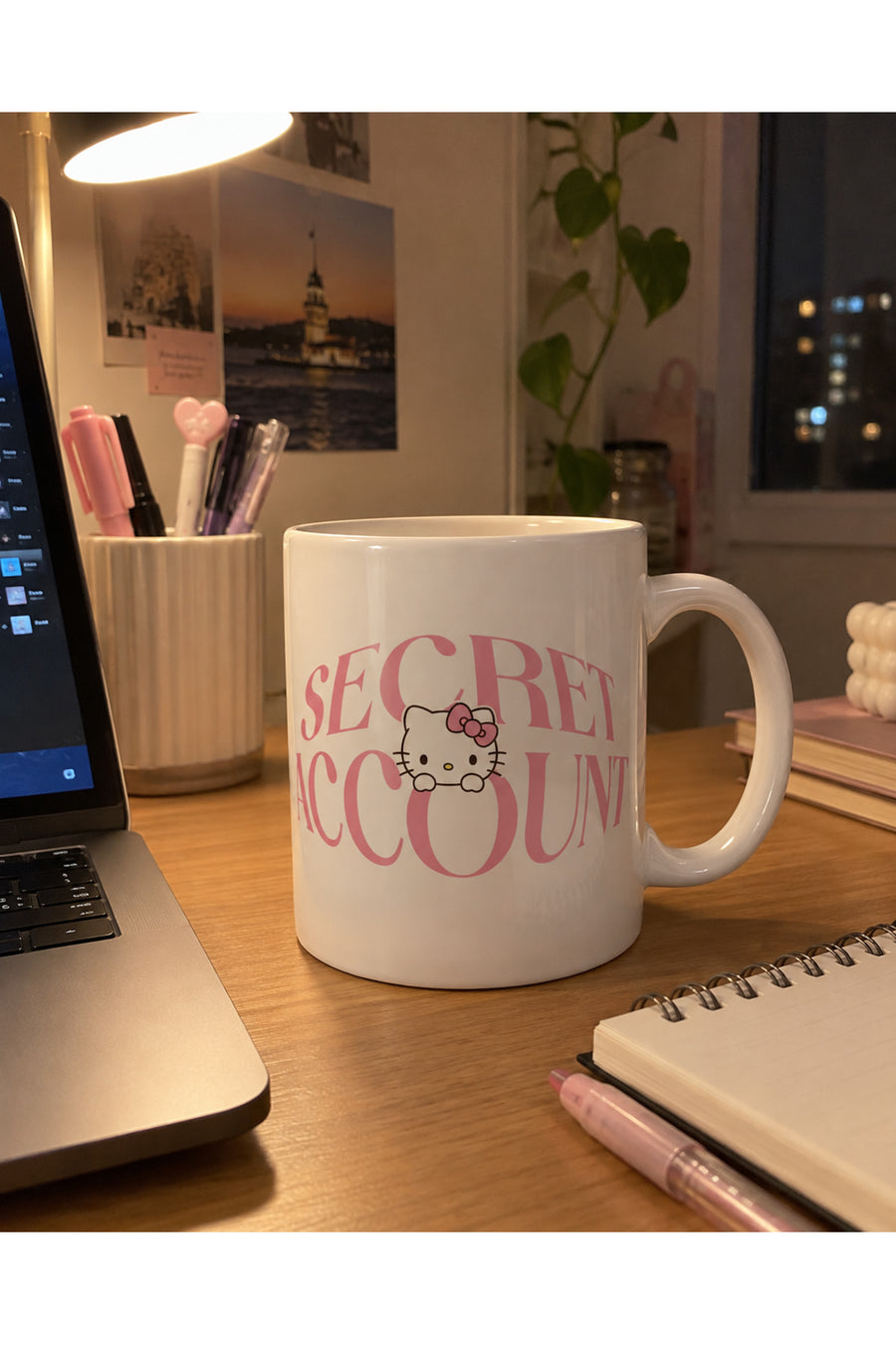 Secret Account Yazılı Kitty Baskılı Beyaz Kupa Bardak