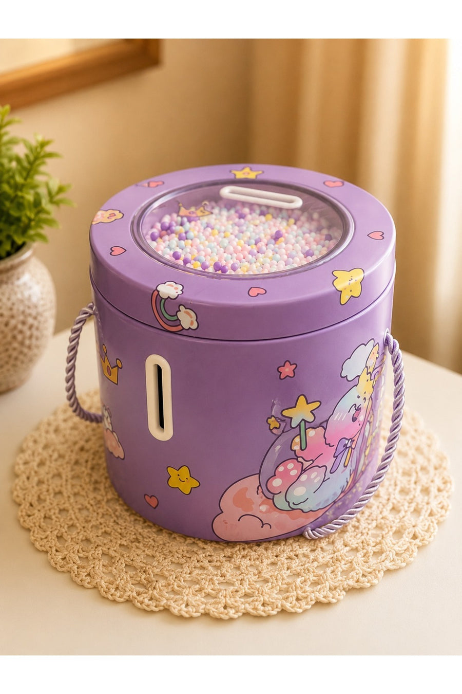 Unicorn Desenli Metal Kumbara Taşıma İpli Mor