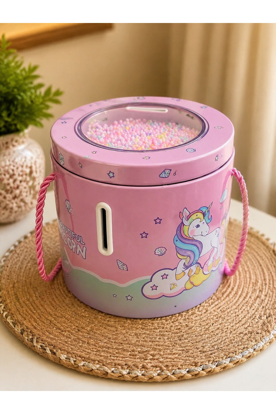 Unicorn Desenli Metal Kumbara Taşıma İpli Pembe